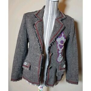 Spy Zone Exchange Women's Jacket Sz M Brown Charcoal Tweed Rhinestone Distressed